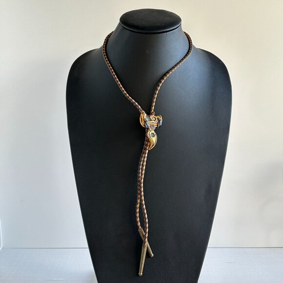 1960s–1970s Tooled Leather Saddle Bolo Tie, Western Bolo with Brass Tips - Picture 9 of 11